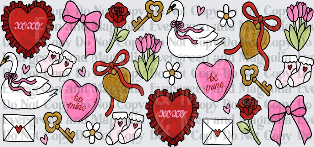 Valentine's Day XOXO Be Mine Hearts Bows Swans Elements
