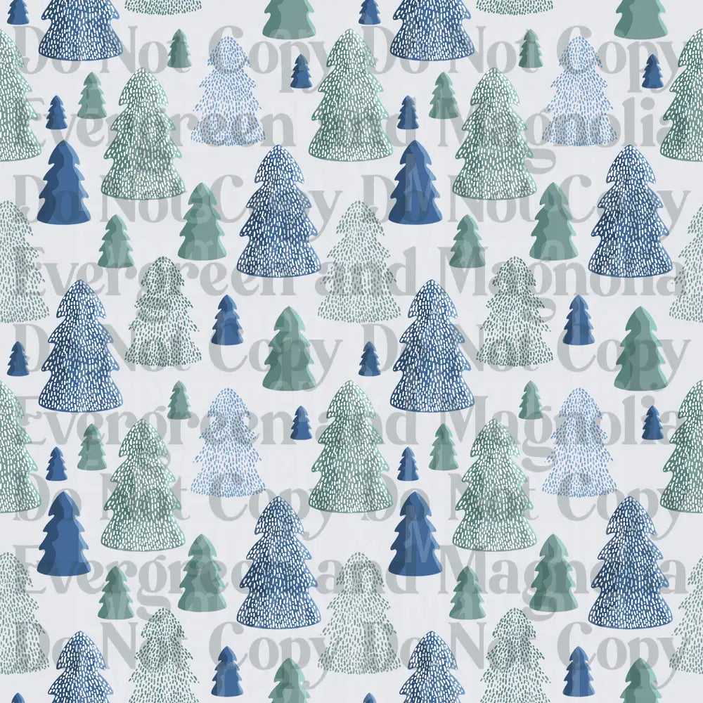 Blue and Green Winter Pine Tree Forest Repeat Pattern
