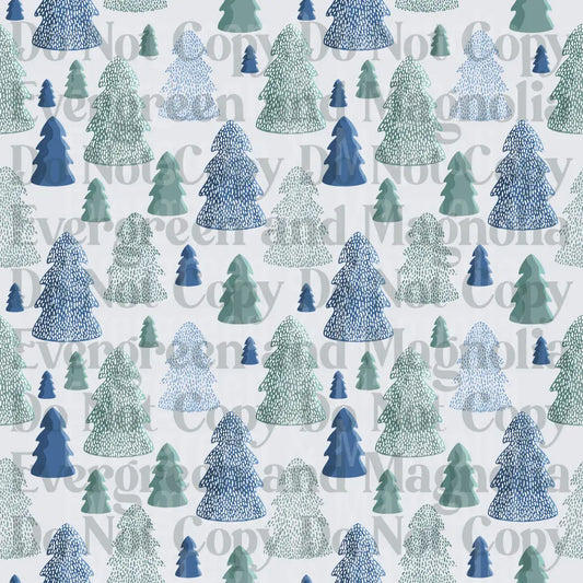 Blue and Green Winter Pine Tree Forest Repeat Pattern