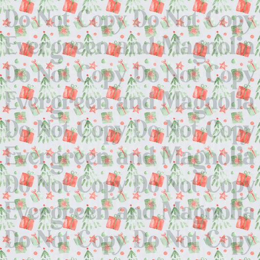 Watercolor Christmas Gift Boxes Trees Stars Pattern