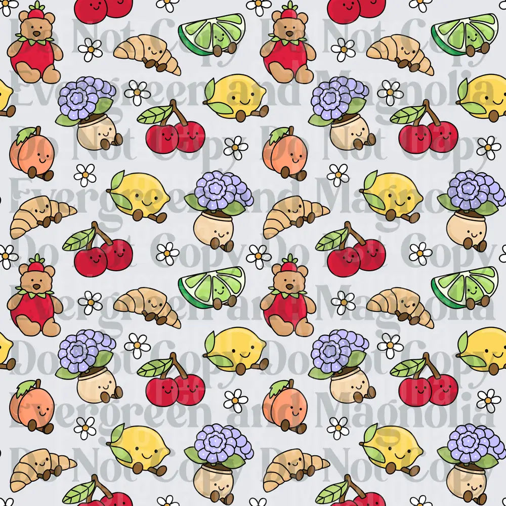 Kawaii Fruit Pattern Teddy Bear Cherries Lemon Croissant