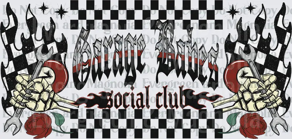 Garage Babes Social Club Skeleton Hands Wrench Checker Flag