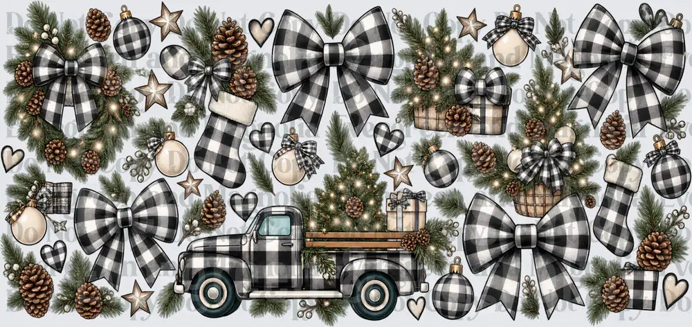 Buffalo Plaid Christmas Truck Bows Pinecones Holiday Set