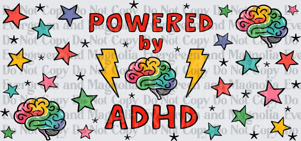 Powered By ADHD Colorful Brain Lightning Bolt Stars
