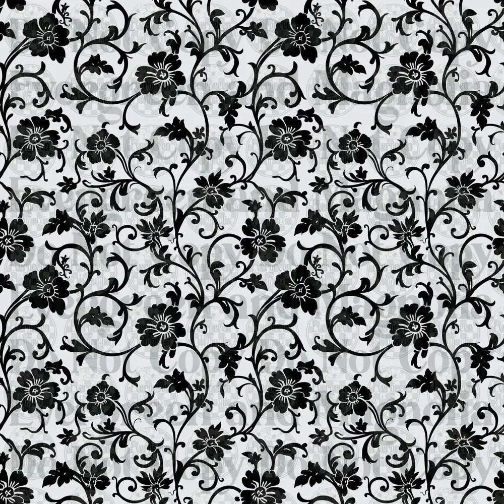 Black White Floral Vine Scroll Damask Repeat Pattern