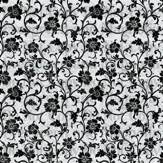 Black White Floral Vine Scroll Damask Repeat Pattern