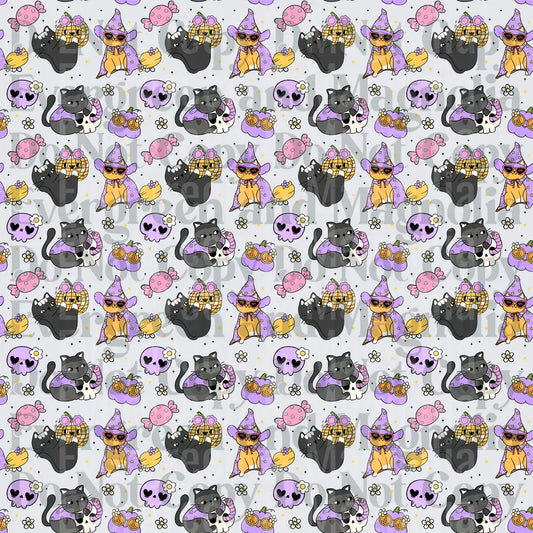 Cute Halloween Cats Witches Skulls Seamless Pattern