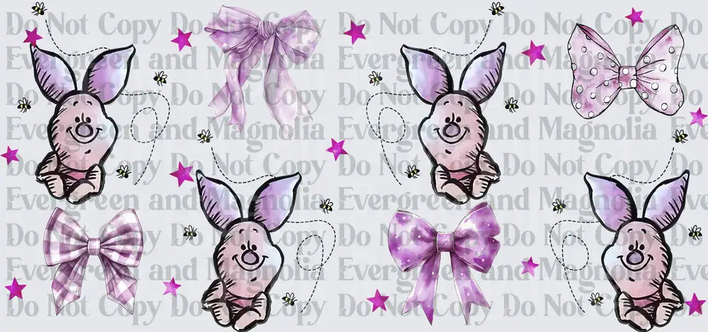 Cute Pink Piglet Character with Purple Bows and Stars Pattern
