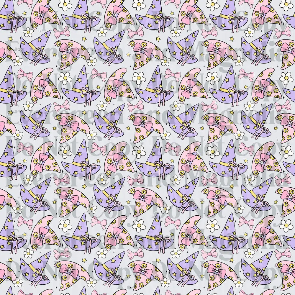 Pastel Witch Hat Pattern Pink Purple Stars Bows Floral