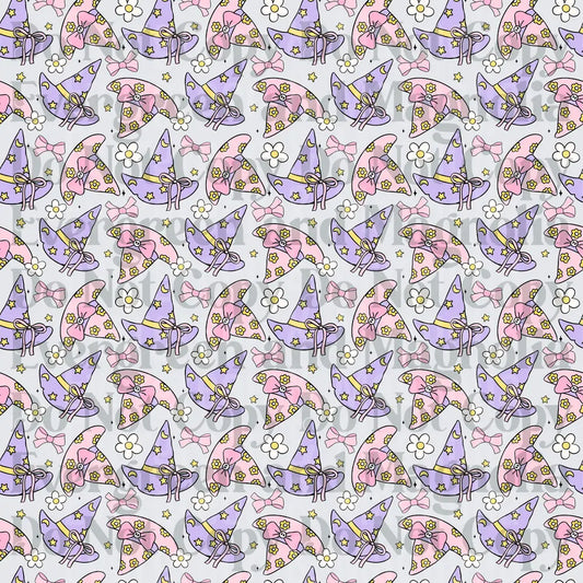Pastel Witch Hat Pattern Pink Purple Stars Bows Floral