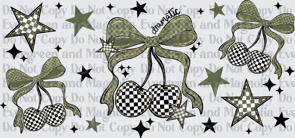 Olive Checkered Cherries Bows Stars Dramatic Quote