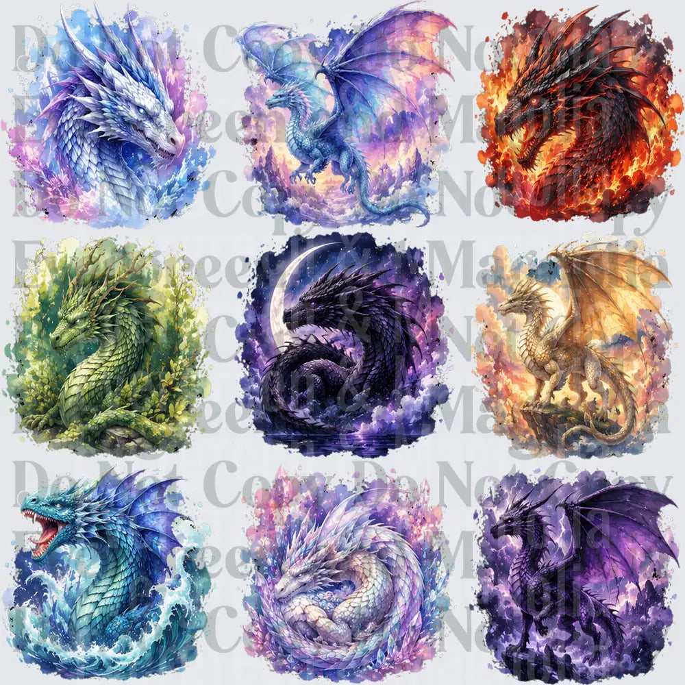Watercolor Fantasy Dragon Elements 9-Design Bundle Set