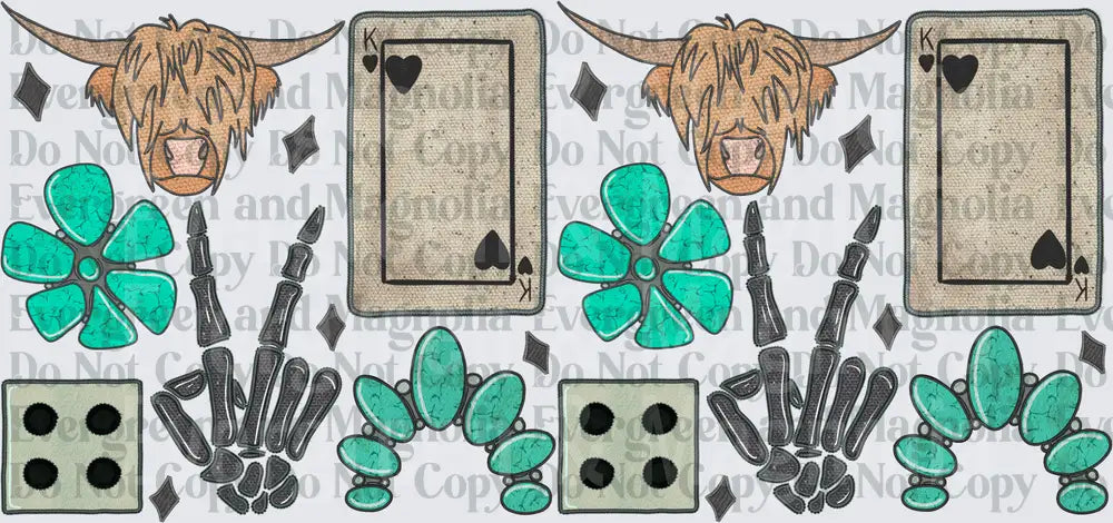 Highland Cow King of Spades Skeleton Hand Lucky Clover Dice