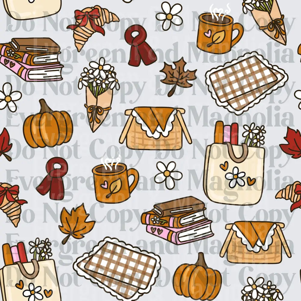 Cozy Fall Autumn Seamless Pattern Pumpkins Books Coffee