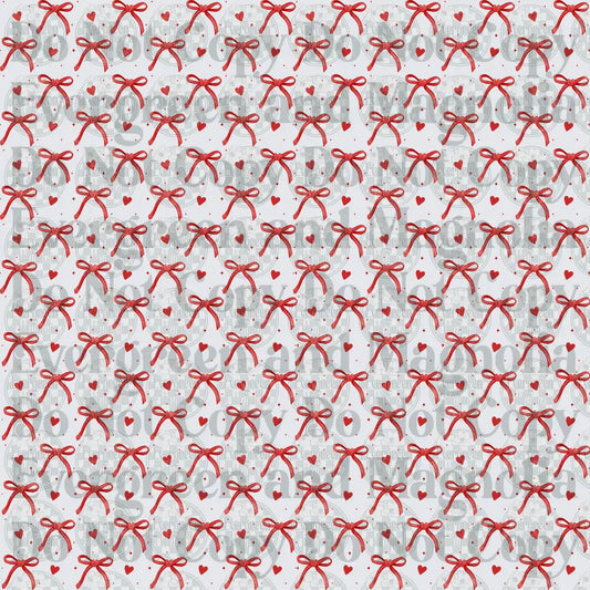 Red Ribbon Bows and Hearts Scattered Pattern on White