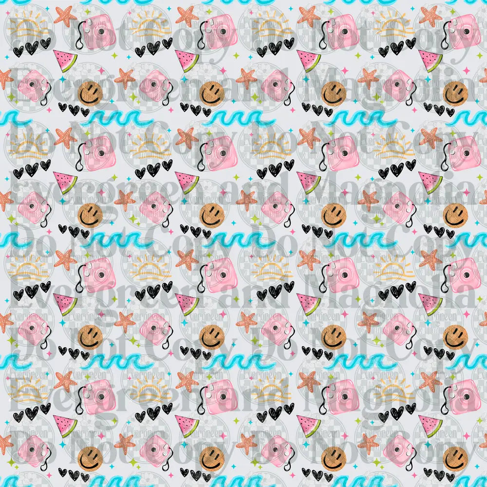 Summer Doodle Pattern Pink Camera Watermelon Smiley Waves