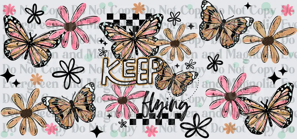 Keep Flying Retro Butterfly Daisy Floral Checkerboard Design