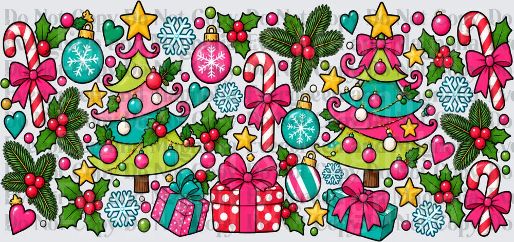 Bright Pink Teal Christmas Trees Candy Cane Holiday Cluster