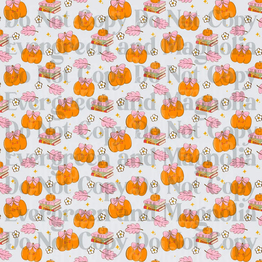 Kawaii Pumpkins Pink Bows Books Fall Leaves Floral Pattern