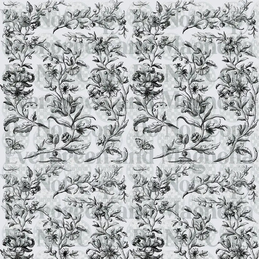 Black and White Vintage Botanical Floral Vine Repeat Pattern