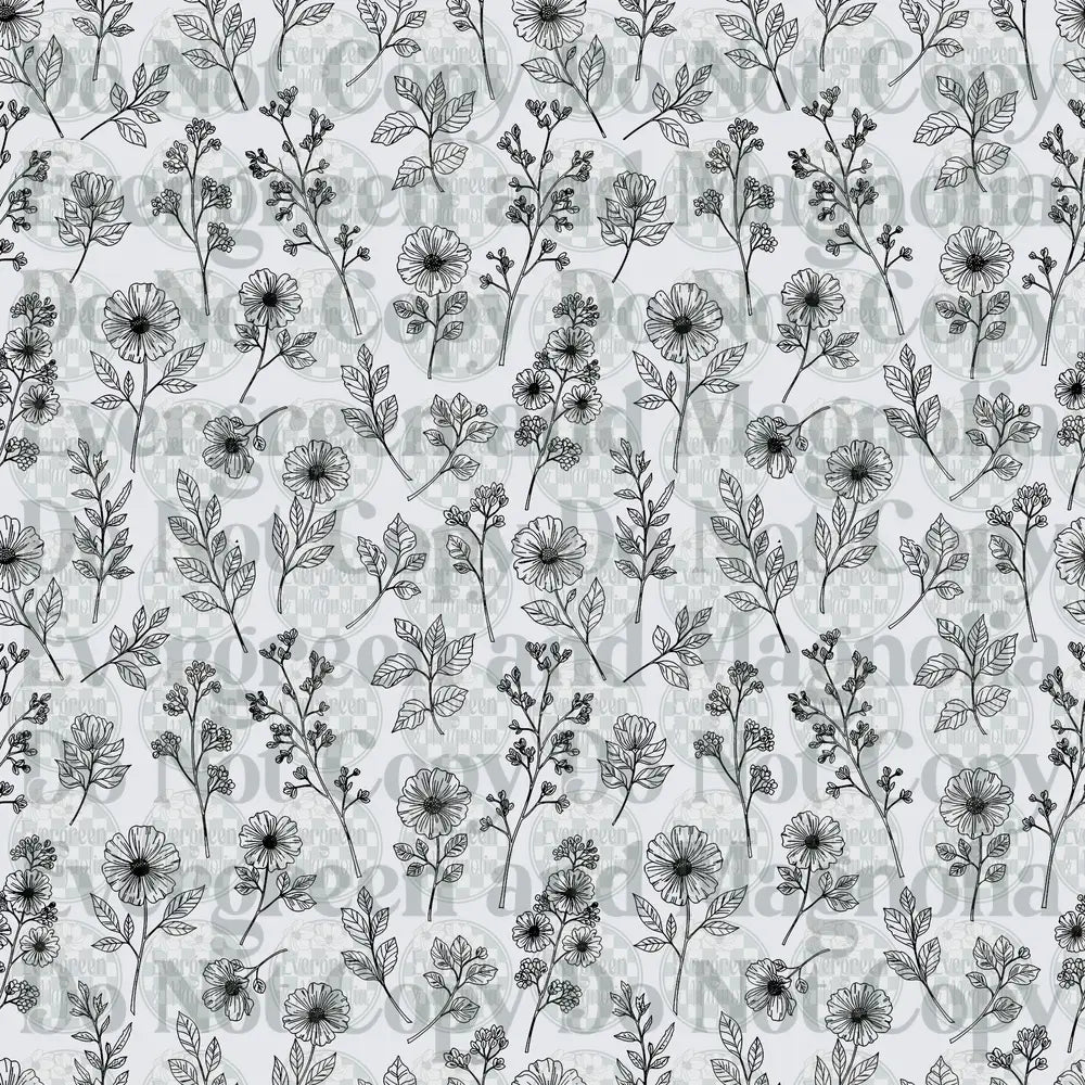Black and White Wildflower Botanical Line Art Pattern