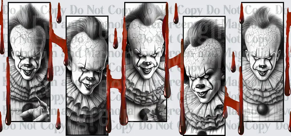 Evil Clown Horror Panels with Blood Drips Grayscale Art