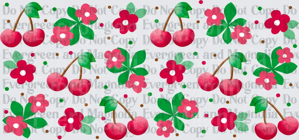 Red Cherry Floral Green Leaf Polka Dot Repeat Pattern