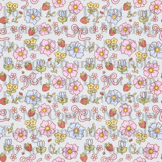 Pastel Floral Strawberry Bow Ditsy Pattern