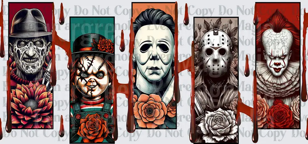 Five Classic Horror Villains Panel Collage with Blood Drips