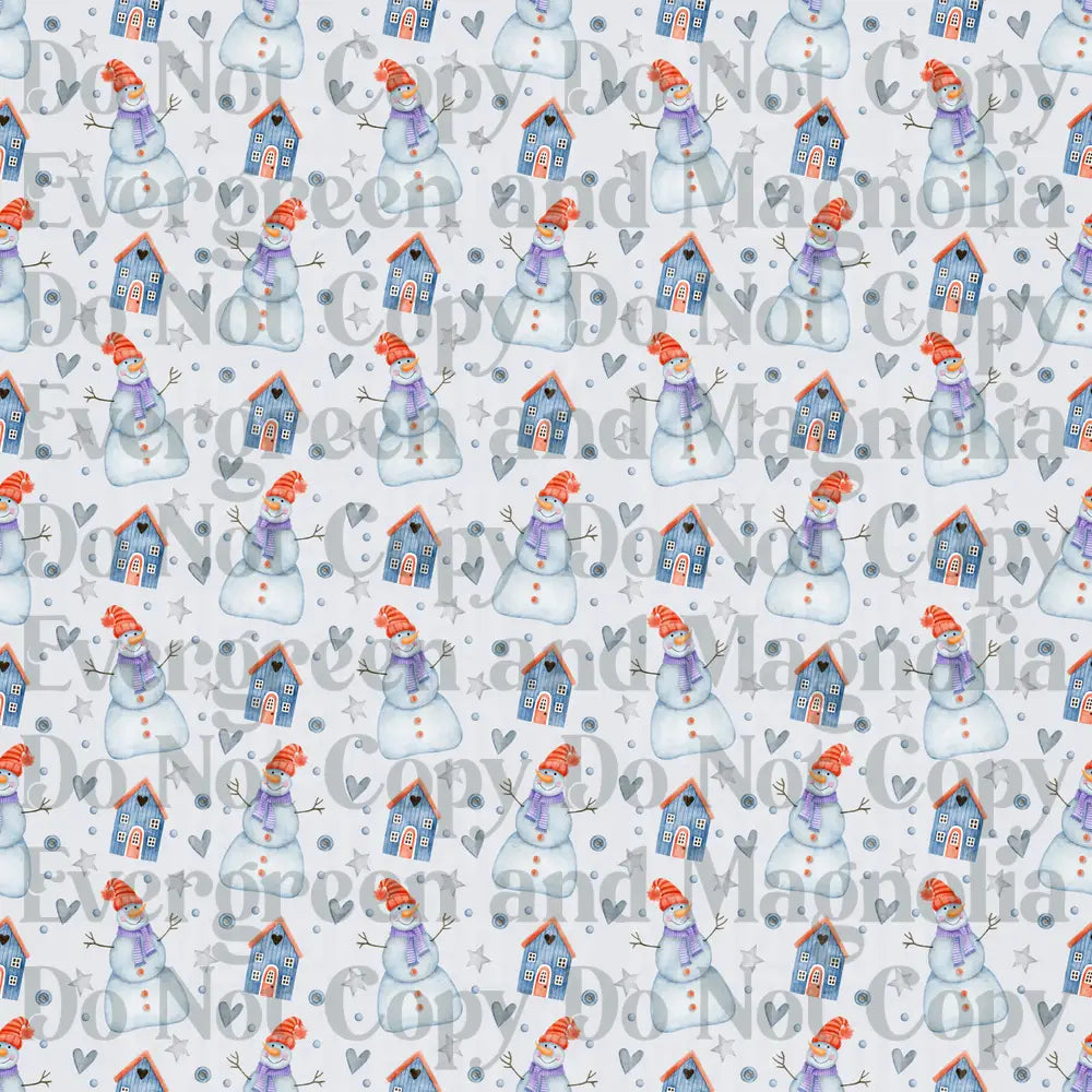 Watercolor Snowman Blue House Hearts Stars Winter Pattern