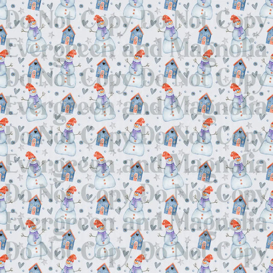 Watercolor Snowman Blue House Hearts Stars Winter Pattern