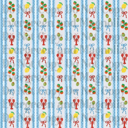 Lobster Lemon Olive Tomato Blue Bow Stripe Pattern