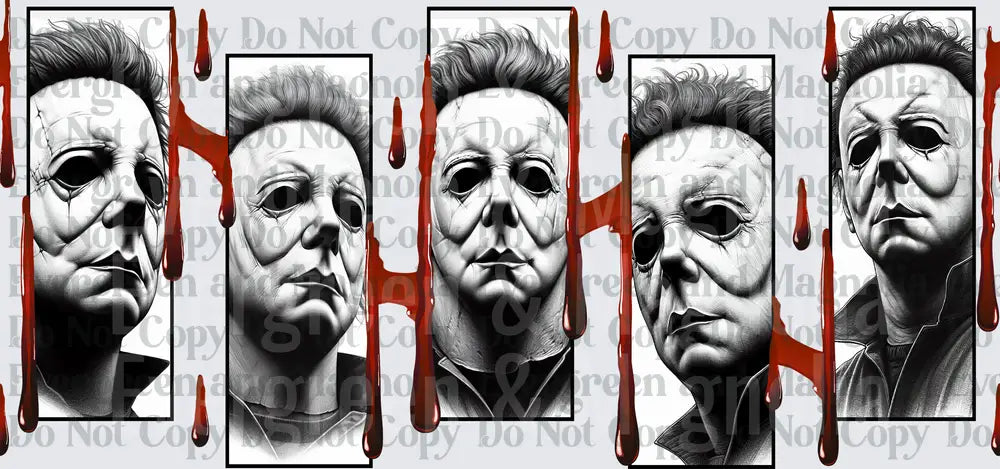 Five Panel Horror Mask Portraits with Blood Drips