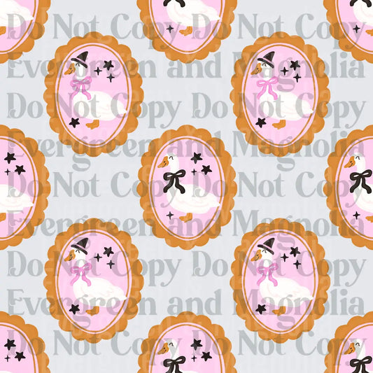 Cute Goose With Witch Hat Pink Bow Cameo Repeat Pattern