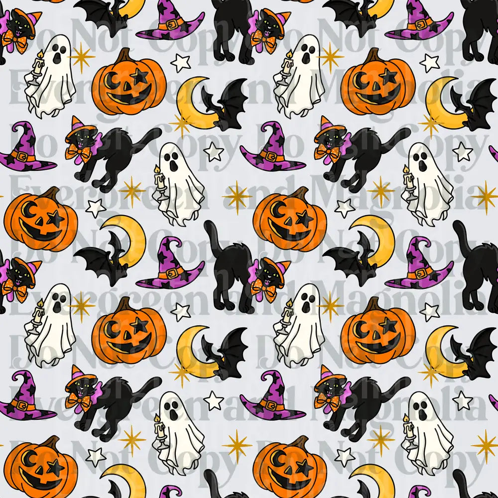 Halloween Pattern Black Cats Ghosts Pumpkins Bats Witch Hats