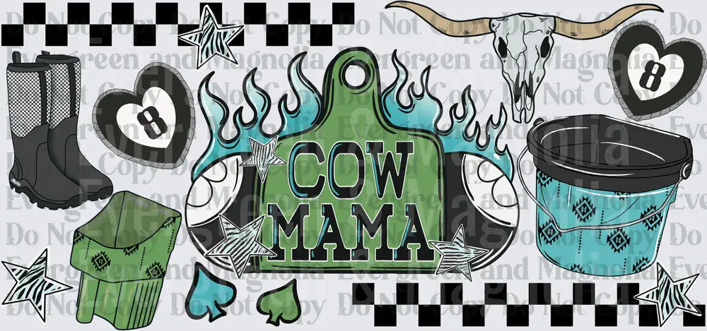 Cow Mama Western Ear Tag Flames Skull Boots Bucket Design