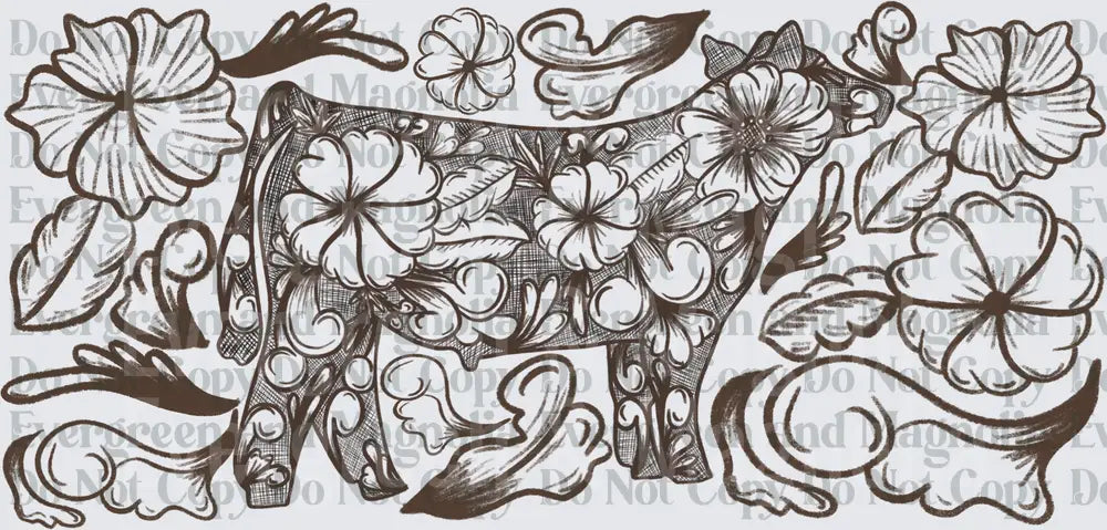 Floral Tooled Leather Style Cow Silhouette Botanical Art