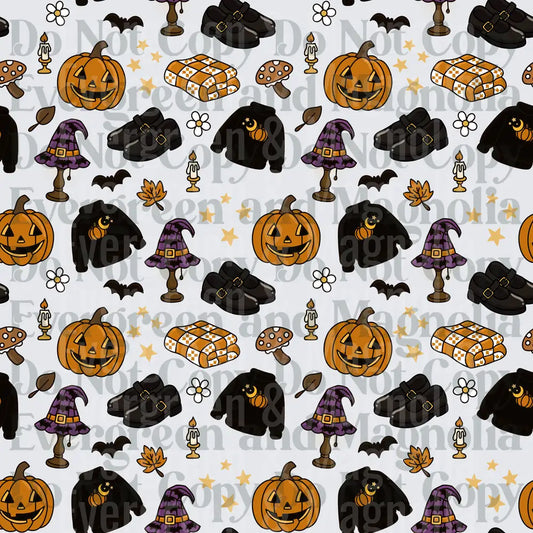 Halloween Witch Hat Pumpkin Cozy Sweater Seamless Pattern