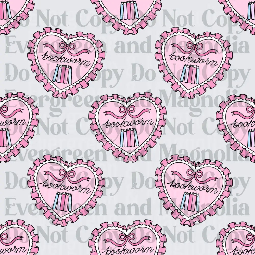 Bookworm Pink Ruffled Heart with Books and Bow Pattern