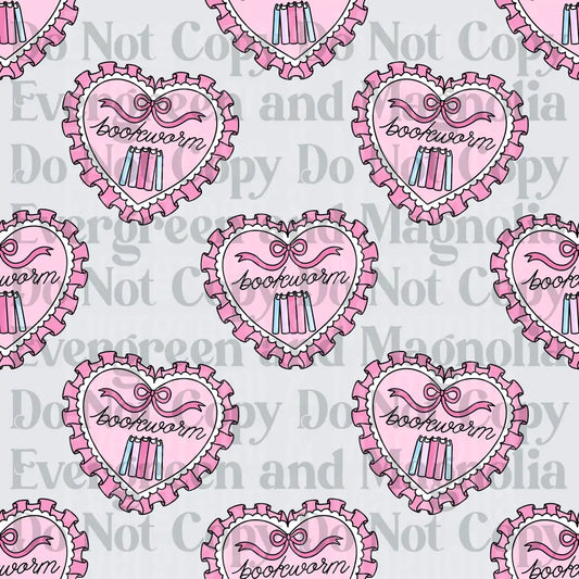 Bookworm Pink Ruffled Heart with Books and Bow Pattern