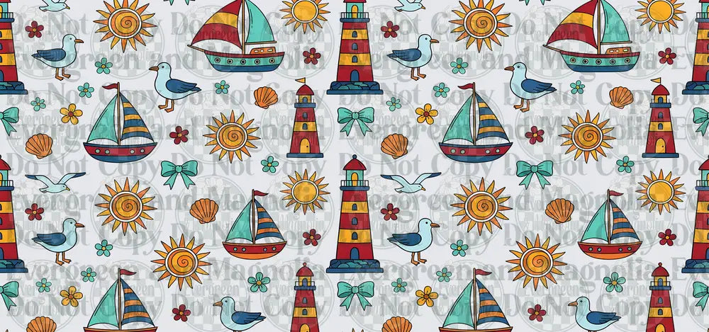 Nautical Coastal Pattern Sailboats Lighthouses Seagulls Sun