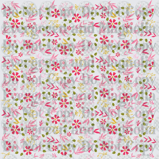 Ditsy Floral Pattern Pink Red Gold Green Leaves on White