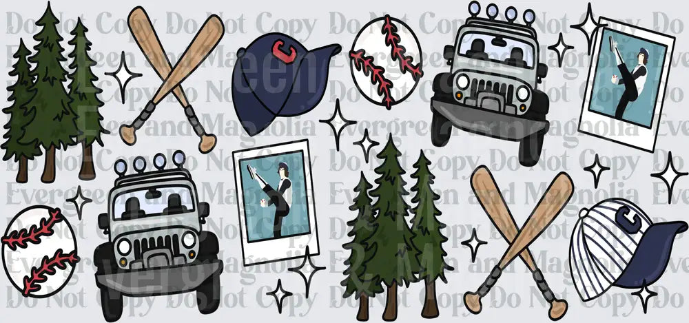 Baseball Jeep Pine Trees Bats Caps Polaroid Doodle