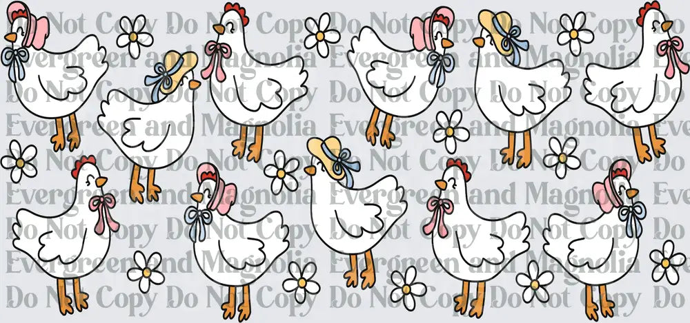 Cute Hens in Bonnets with Daisies Repeat Pattern