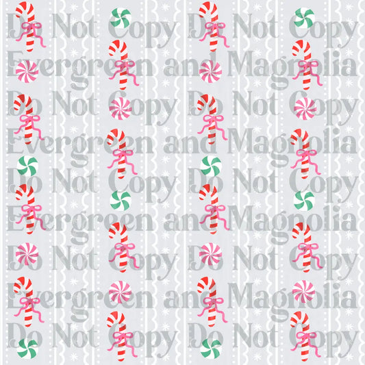 Christmas Candy Canes and Peppermint Swirls Pink Bow Pattern