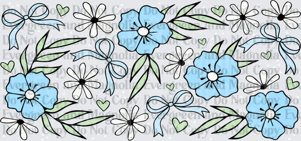 Blue Floral Daisy Bow Hearts Sage Leaves Pattern