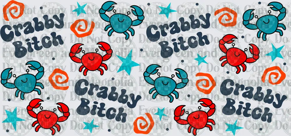 Crabby Bitch Repeat Pattern Teal Red Crabs Stars Swirls