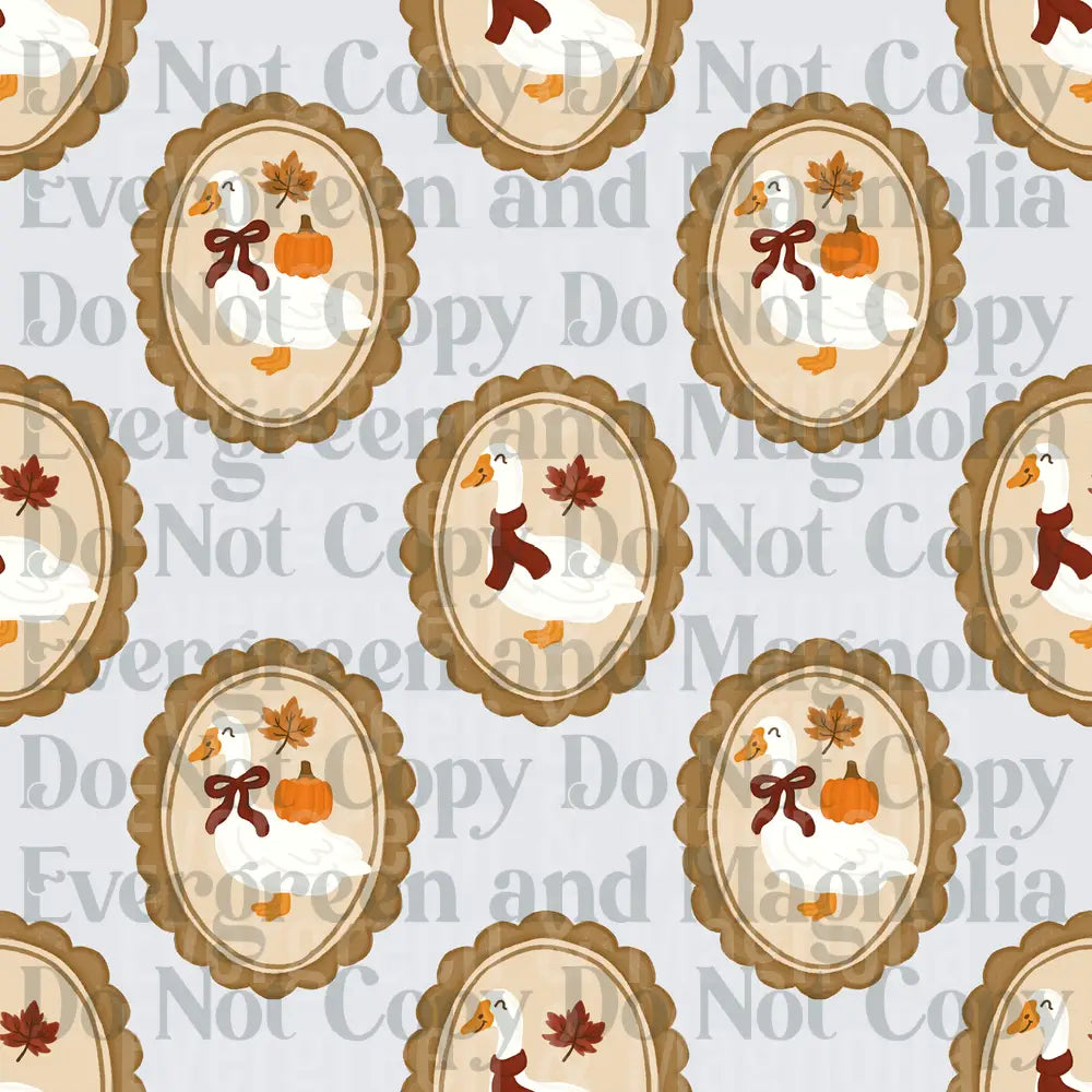 Autumn Goose Cameo Pattern with Pumpkins and Fall Leaves
