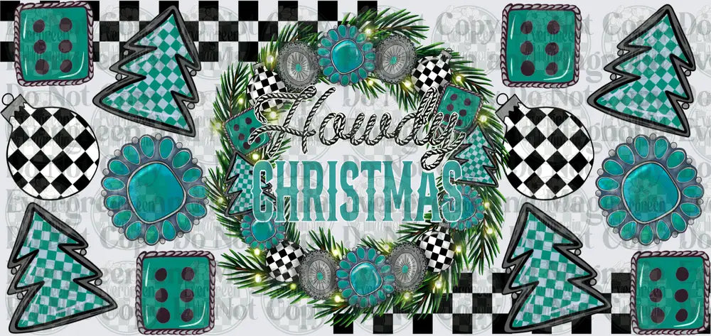 Howdy Christmas Western Turquoise Checkered Wreath