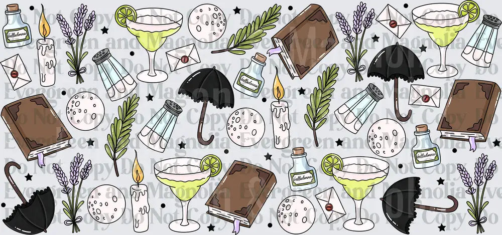 Witchy Aesthetic Doodle Pattern Candles Books Cocktails